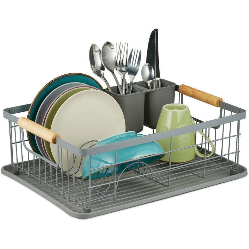 foto del prodotto relaxdays scolapiatti da appoggio per lavello, portaposate vaschetta raccogli acqua, gocciolatoio per cucina, grigio