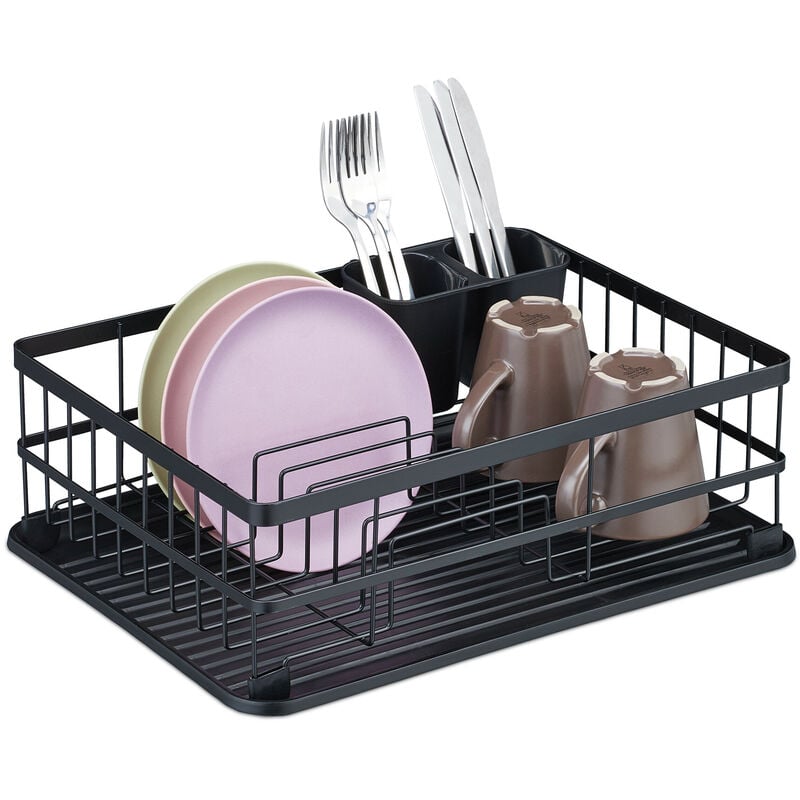 foto del prodotto relaxdays scolapiatti per lavello, cola piatti con vaschetta raccogligocce, tazze, porta posate, hlp 15x42,5x32 cm, nero