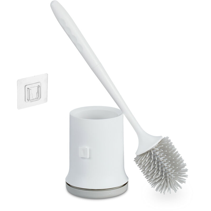 foto del prodotto relaxdays scopino bagno wc, portascopino da parete, spazzola con contenitore in plastica, set da toilette, bianco grigio