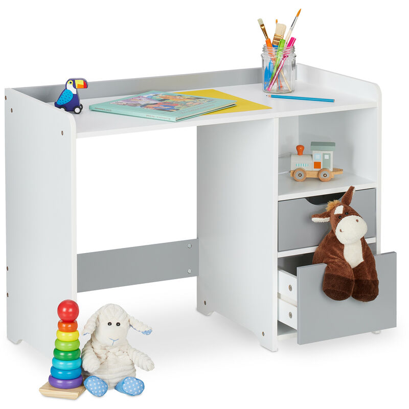 foto del prodotto relaxdays scrivania per bambini, 2 cassetti, ripiano aperto, tavolo per scolari, hxlxp 60x80x38 cm, mdf, bianco grigio