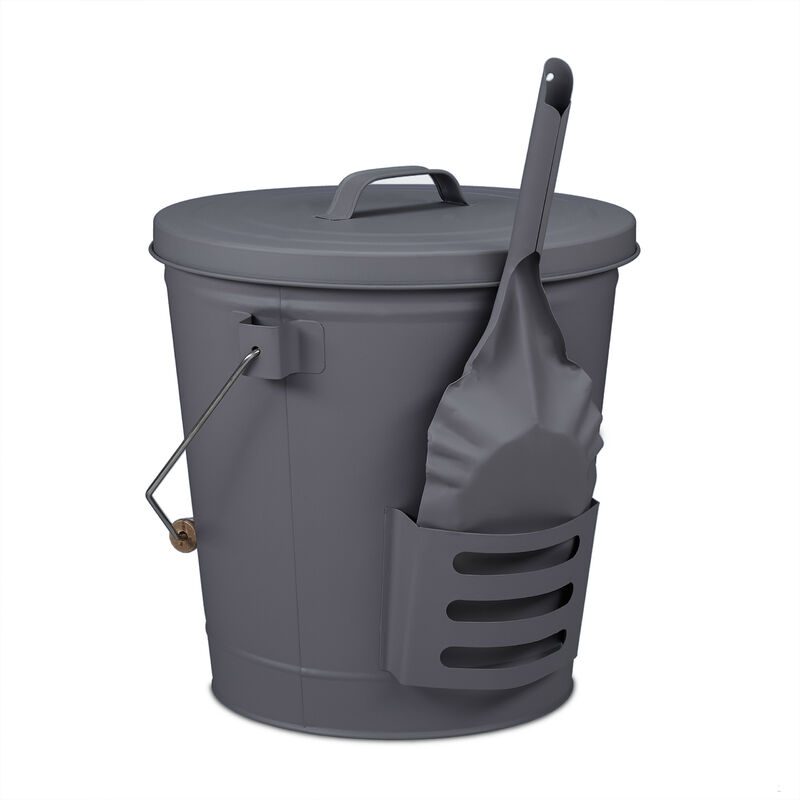 foto del prodotto relaxdays secchio portacenere per camino 19 l, contenitore per cenere, carbonella con manico coperchio e paletta, grigio