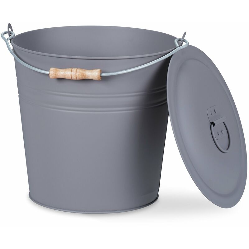foto del prodotto relaxdays secchio raccoglicenere con coperchio, 12 l, con impugnatura, per carbone e cenere, rotondo, camino, grigio