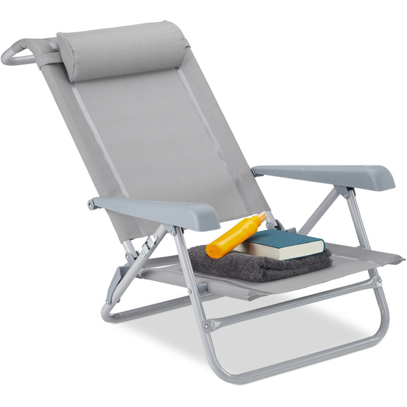 foto del prodotto relaxdays sedia pieghevole, poggiatesta, apribottiglia, braccioli regolabili, 120 kg, plastica, acciaio, grigio