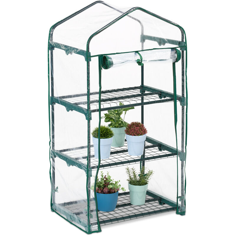 foto del prodotto relaxdays serra per il balcone, a 3 piani, hlp 122x64x45 cm, in acciaio e telo in pvc giardinaggio, trasparente verde