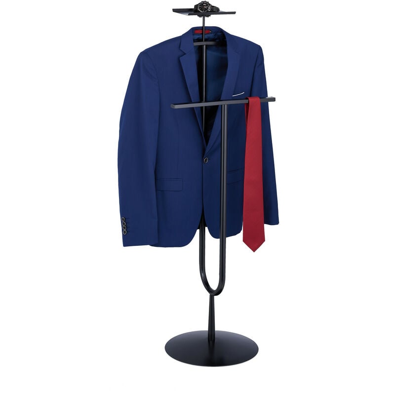 foto del prodotto relaxdays servo muto da camera, appendiabiti da terra per giacca e pantalone, con ripiano, 121x45x33,5 cm, acciaio, nero