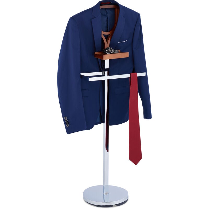 foto del prodotto relaxdays servomuto con ripiano, appendiabiti da terra per giacca e pantalone 120x45x28 cm, mdf acciaio, argento marrone