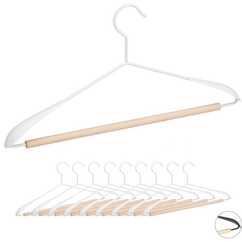 foto del prodotto relaxdays set 10 grucce appendiabiti, stampelle per pantaloni, magliette &amp; giacche, metallo &amp; legno, l: 43 cm, bianco