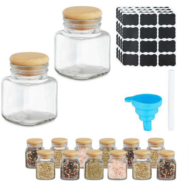 foto del prodotto relaxdays set 14 barattoli portaspezie vetro, 100ml, con etichette, penna e imbuto, tappo in bamb , naturale trasparente