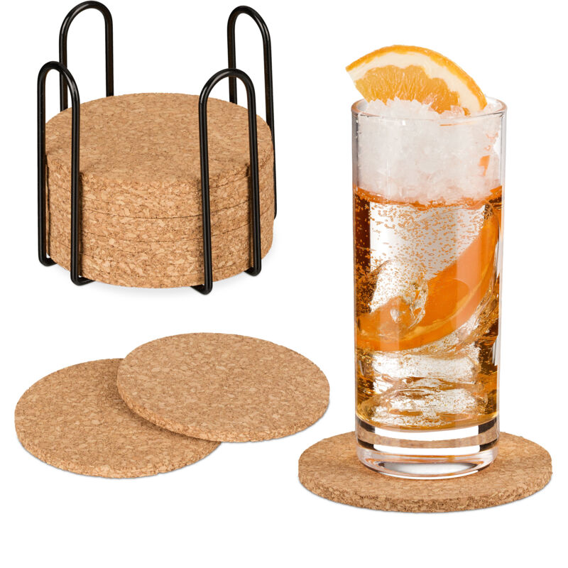 foto del prodotto relaxdays set 16 sottobicchieri in sughero, sottobottiglia da tavola d 10 cm, sotto tazza, poggia bicchieri, naturale