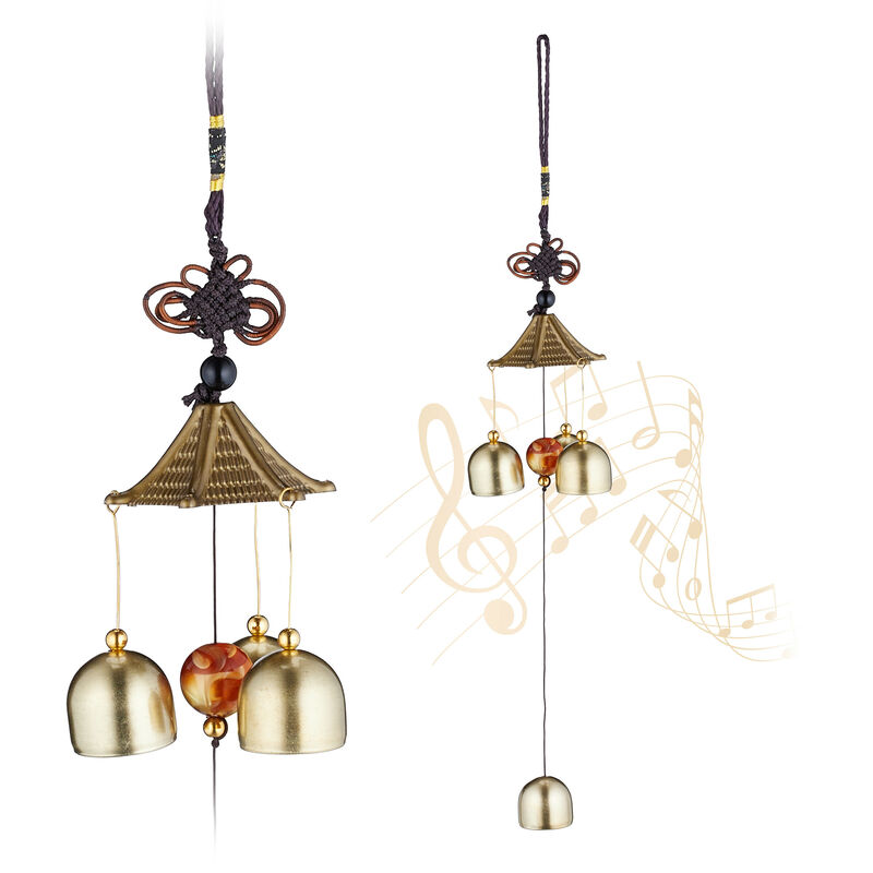 foto del prodotto relaxdays set 2 campane vento feng shui campanelli acchiappasogni, scacciapensieri da esterni e interni, dorato nero