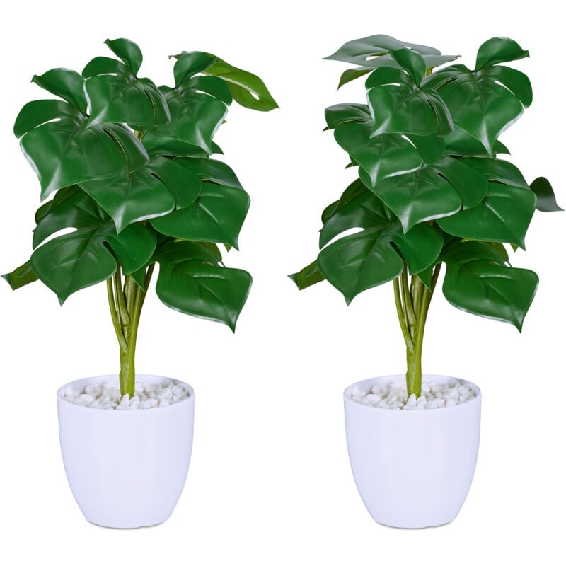 foto del prodotto relaxdays set 2 piante finte da interno, piantine artificiali monstera in vaso, decorazioni casa, 33x20 cm, verde bianco