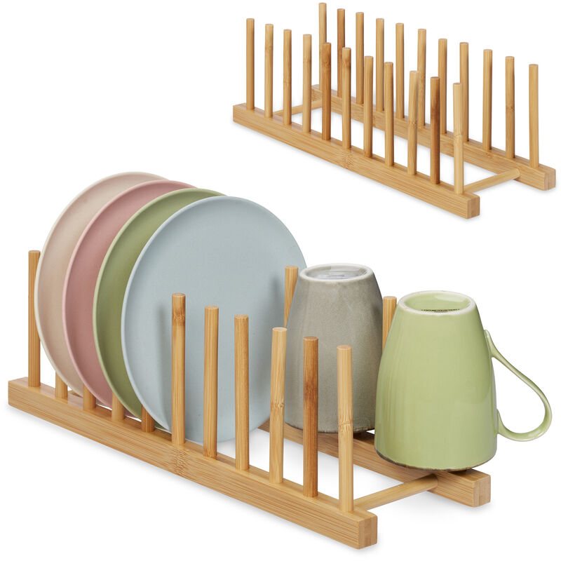 foto del prodotto relaxdays set 2 scolapiatti, per 10 piatti ognuno, porta piatti, coperchi o taglieri, supporto in bamb , legno naturale