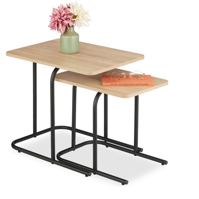 foto del prodotto relaxdays set 2 tavolini da salotto, tavoli bassi da caff , comodini da divano, mdf effetto legno e ferro, beige nero