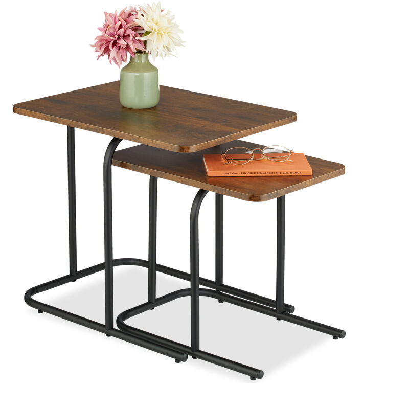 foto del prodotto relaxdays set 2 tavolini da salotto, tavoli bassi da caff , comodini da divano, mdf effetto legno e ferro, marrone nero