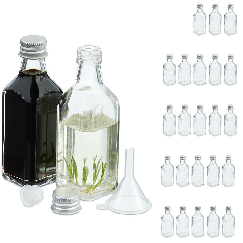 foto del prodotto relaxdays set 25 bottigliette in vetro per bomboniere, bottiglie da 50 ml, barattolini con tappo, trasparente argentato