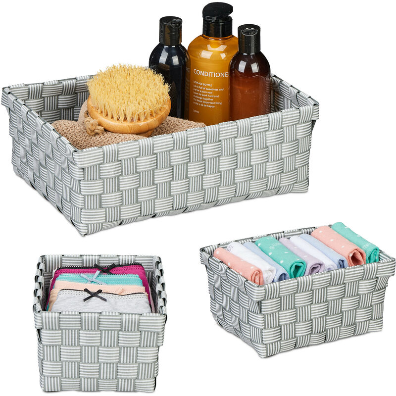 foto del prodotto relaxdays set 3 cestini portaoggetti, organizer 2 misure, intrecciati, in plastica, struttura in metallo, grigio bianco
