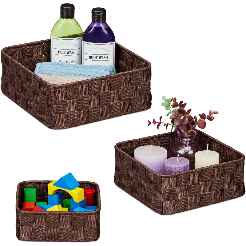 foto del prodotto relaxdays set 3 cestini portaoggetti, organizer 3 misure, intrecciati, in plastica, struttura in metallo, marrone