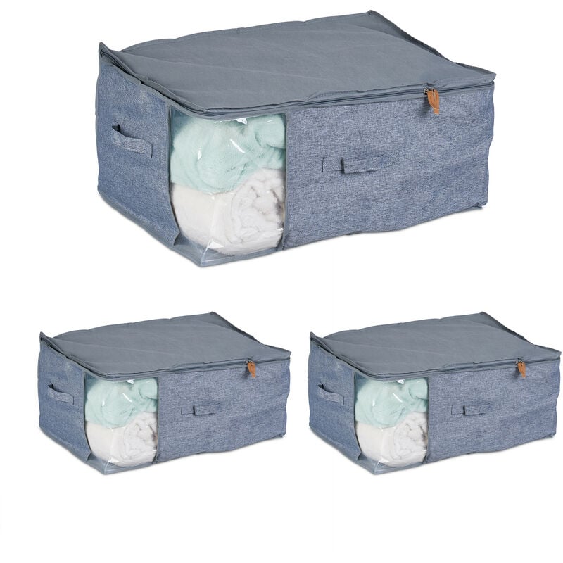 foto del prodotto relaxdays set 3 custodie sottoletto, organizer sotto letto, contenitori coperte, stoffa, 28x58x45 cm, grigio trasparente