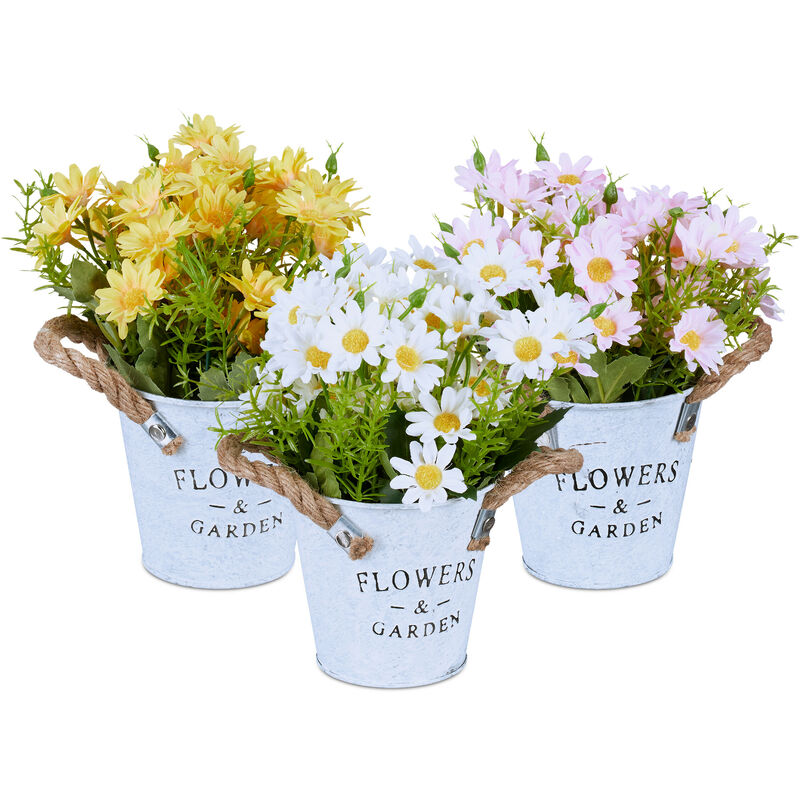 foto del prodotto relaxdays set 3 piante finte da interno, piantine fiori artificiali in vaso, crisantemi hxd 20x15 cm, giallo bianco rosa