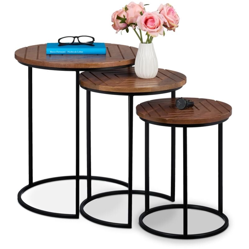foto del prodotto relaxdays set 3 tavolini da salotto, tavoli caff da divano in soggiorno, comodini moderni, legno e ferro, marrone nero