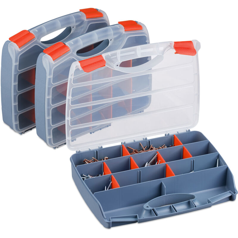foto del prodotto relaxdays set 3 valigette attrezzi, scatola organizer vuota, cassetta porta viti e minuteria, 6x32x26 cm, grigio rosso