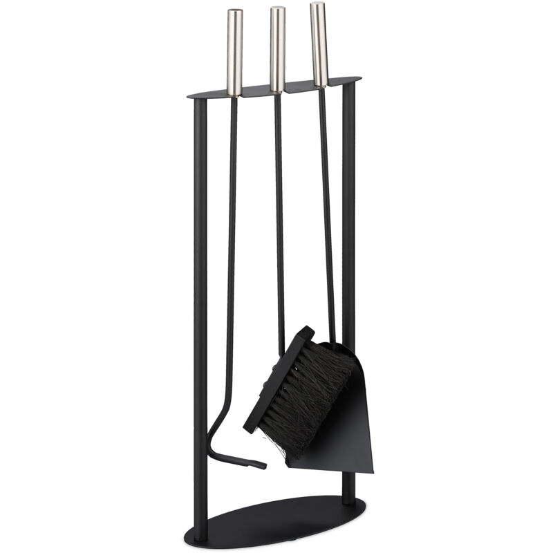 foto del prodotto relaxdays set 4 attrezzi da camino, attizzatoio, paletta, scopino e supporto porta utensili stufa, acciaio, ferro, nero