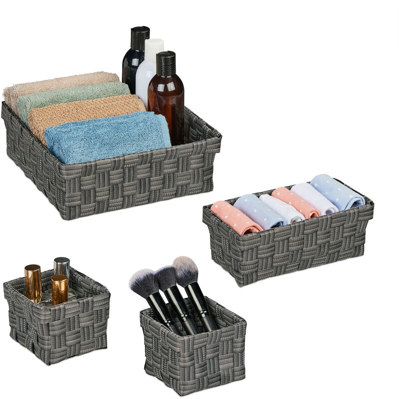foto del prodotto relaxdays set 4 cestini portaoggetti, scatole organizer 3 misure, intrecciati, in plastica, struttura in metallo, grigio