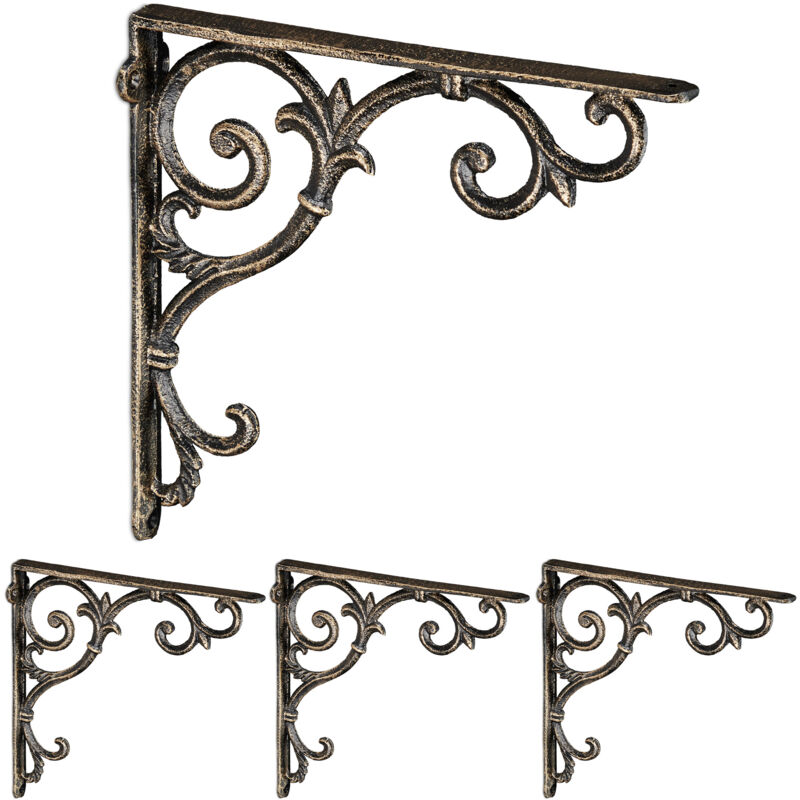 foto del prodotto relaxdays set 4 reggimensola da muro, staffe per mensole, hlp 24,5x4x24,5 cm, supporti angolari ripiani vintage, bronzo