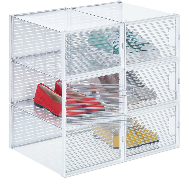foto del prodotto relaxdays set 6 scatole di plastica per scarpe fino al n. 45, scarpiera con box impilabili, shoe organizer, trasparenti