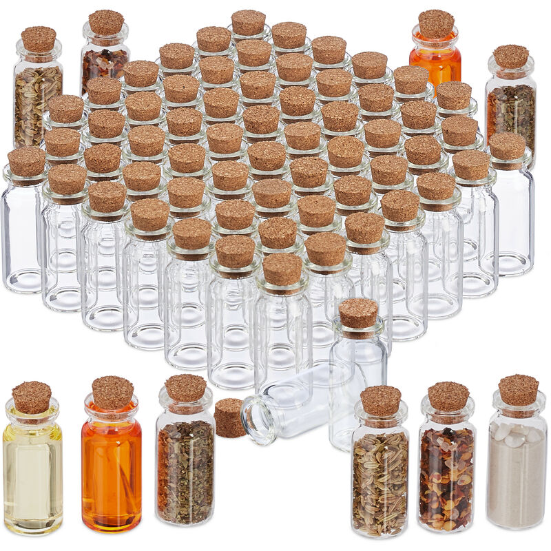 foto del prodotto relaxdays set 72 bottigliette in vetro per bomboniere, barattolini con tappo in sughero, vasetti da 10 ml, trasparente
