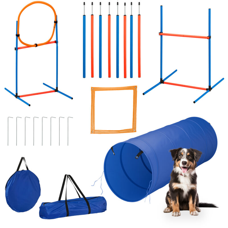 foto del prodotto relaxdays set agility dog a ostacoli, addestramento cani attrezzatura, allenamento con tunnel, paletti e slalom colorato