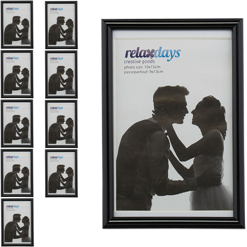 foto del prodotto relaxdays set da 10 cornici portafoto, 10x15 cm, passe partout 9x13 cm, accessorio decorativo da appoggiare o appendere, nere