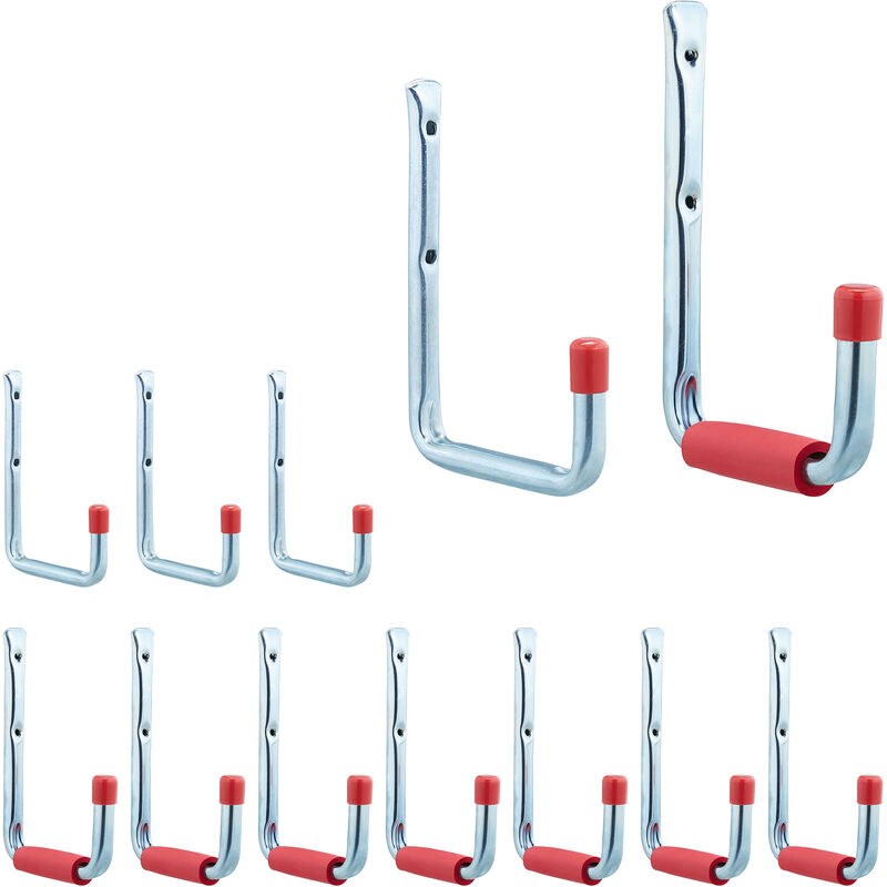 foto del prodotto relaxdays set da 12 ganci porta utensili, parete, attrezzi da giardino e officina, fino a 17,5 kg, acciaio, argento rosso