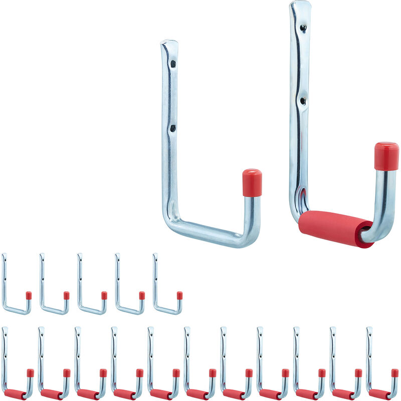 foto del prodotto relaxdays set da 18 ganci porta utensili, parete, attrezzi da giardino e officina, fino a 17,5 kg, acciaio, argento rosso