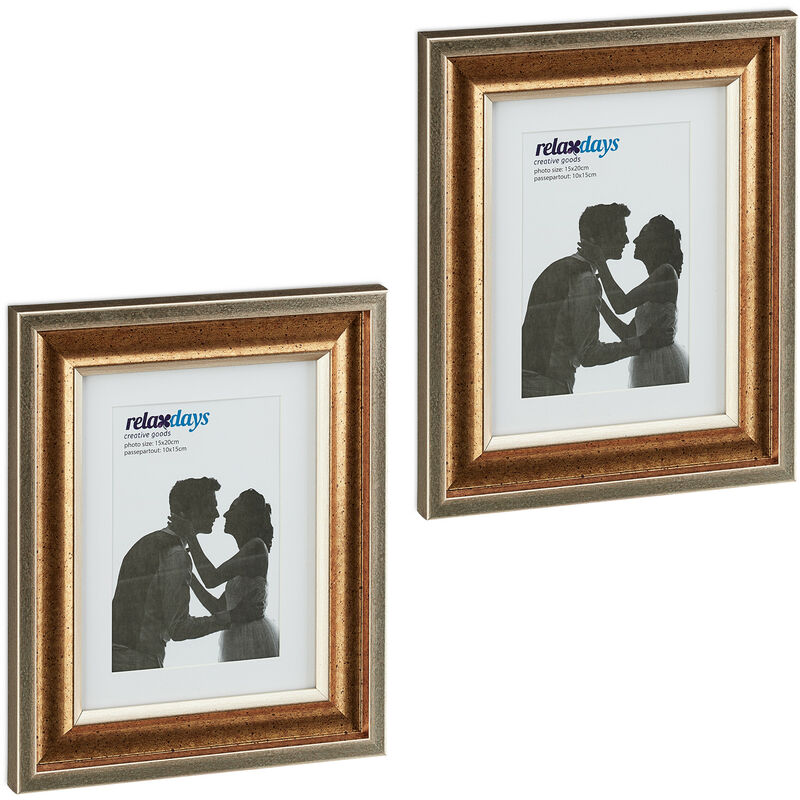 foto del prodotto relaxdays set da 2 cornici portafoto, 15x20 cm, porta foto passpartout, verticale ed orizzontale, da muro e tavolo, oro