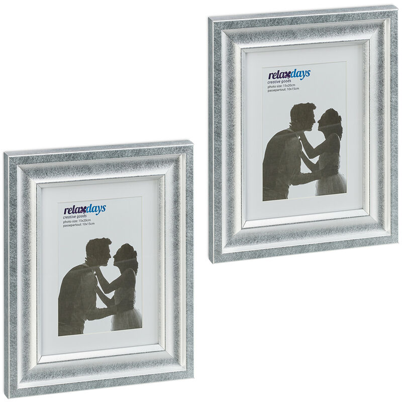 foto del prodotto relaxdays set da 2 cornici portafoto, 15x20 cm, porta foto passpartout, verticale ed orizzontale, muro e tavolo, argento