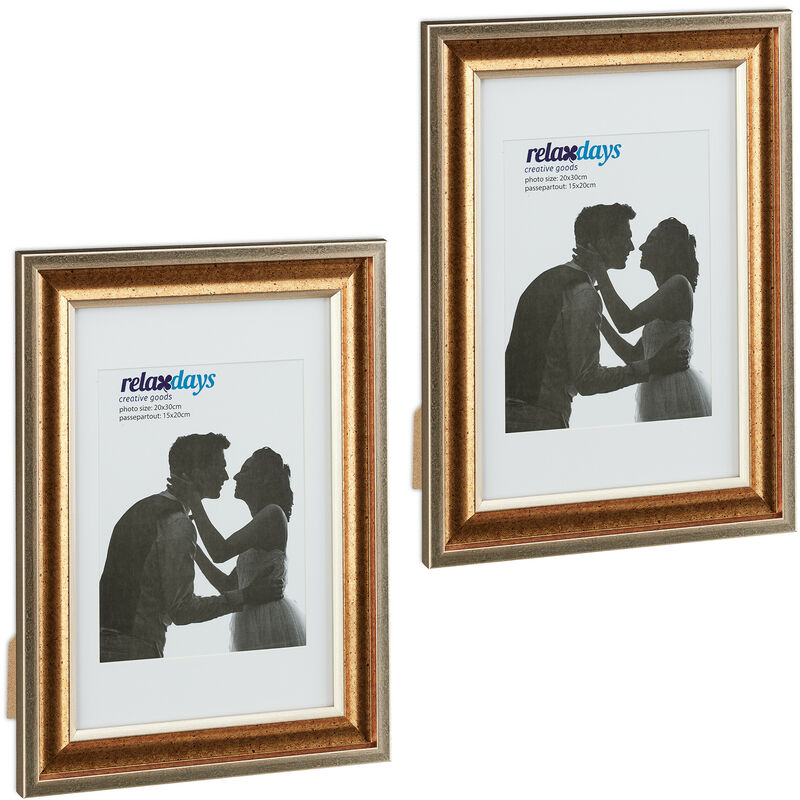 foto del prodotto relaxdays set da 2 cornici portafoto, 20x30 cm, porta foto passpartout, verticale e orizzontale, muro e tavolo, dorato