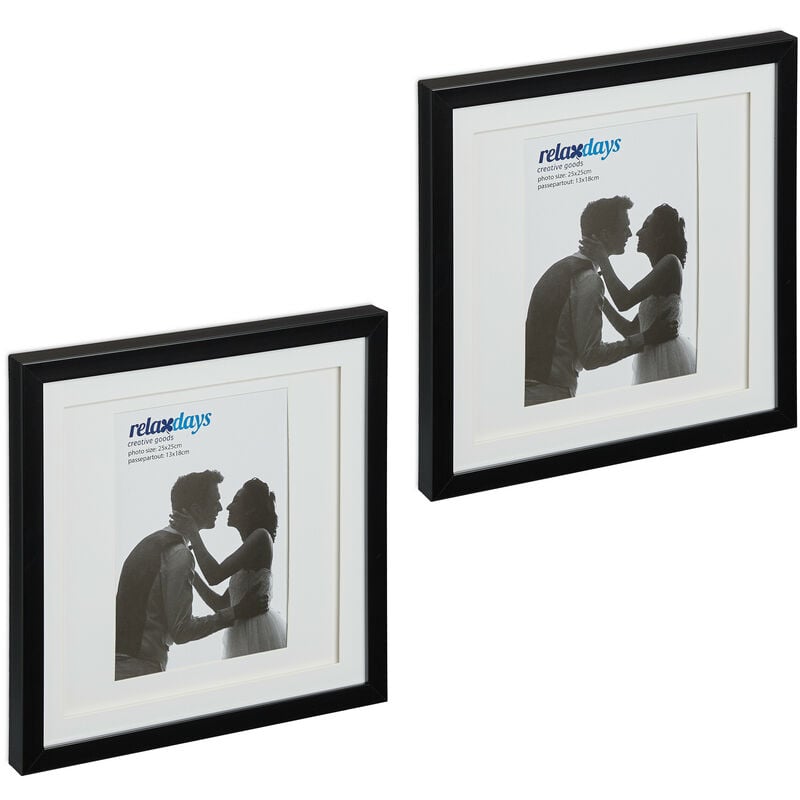 foto del prodotto relaxdays set da 2 cornici portafoto, 25x25 cm, porta foto e disegni, passpartout, quadrate, da muro e tavolo, nero
