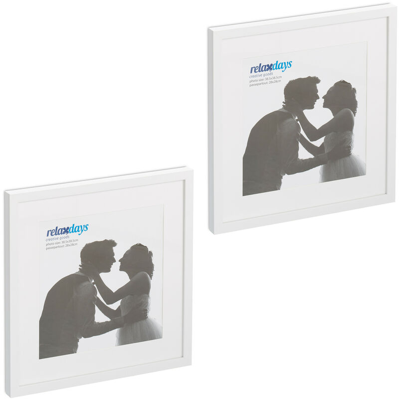 foto del prodotto relaxdays set da 2 cornici portafoto, 38,5 x 38,5 cm, porta foto con passpartout, quadrate, da muro e tavolo, bianco