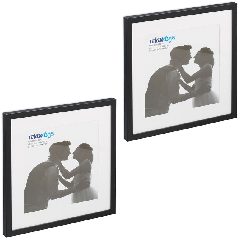 foto del prodotto relaxdays set da 2 cornici portafoto, 38,5 x 38,5 cm, porta foto con passpartout, quadrate, da muro e tavolo, nero