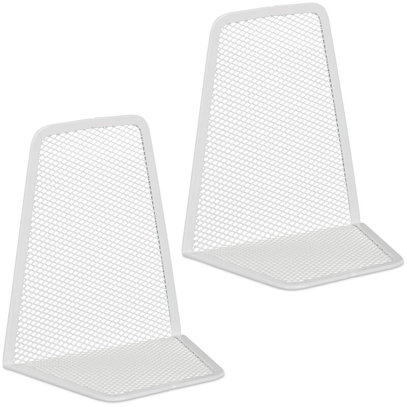 foto del prodotto relaxdays set da 2 fermalibri per mensole, supporti libri e dvd, rggilibri a rete in acciaio, hlp 14 x 12 x 9 cm, bianco