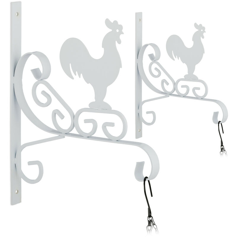 foto del prodotto relaxdays set da 2 ganci portavasi, per vasi sospesi, lanterne, fissaggio a parete, gallo, hlp 30 x 25,5 x 2 cm, bianco