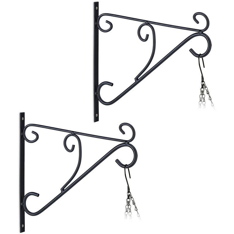 foto del prodotto relaxdays set da 2 ganci portavasi, vasi e cesti sospesi, lanterne, pareti interne, esterne, ferro, hlp 28x30x2 cm, nero