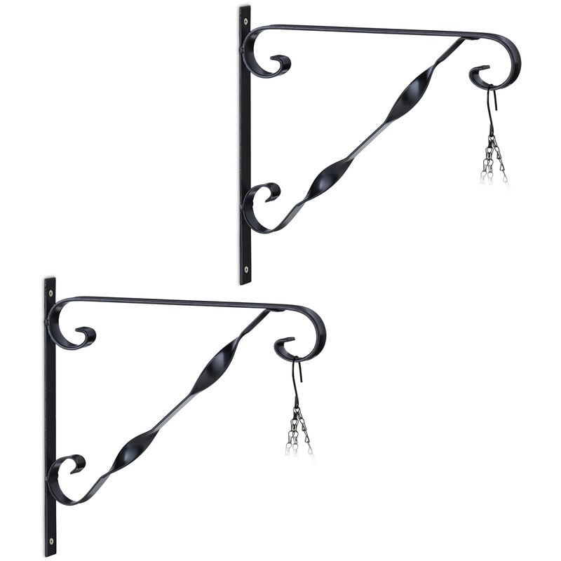 foto del prodotto relaxdays set da 2 ganci portavasi, vasi e cesti sospesi, lanterne, pareti interne, esterne, ferro, hlp 28x30x2 cm, nero