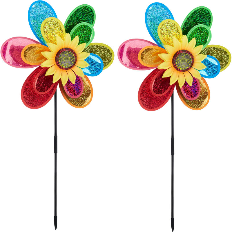 foto del prodotto relaxdays set da 2 girandole a vento, forma di fiore, da giardino e balcone, gioco per bambini, 75x38x14 cm, multicolore