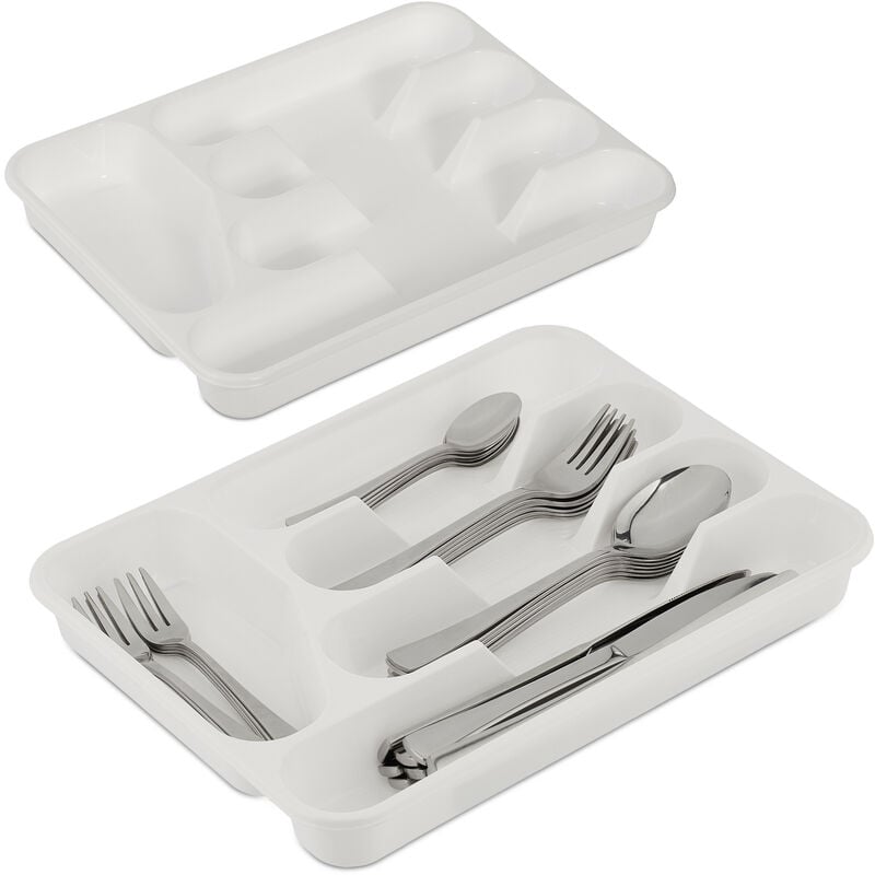 foto del prodotto relaxdays set da 2 portaposate da cassetto, organizer posate cucina, hlp 4x24,5x32,5 cm, 5 scomparti, plastica, bianco