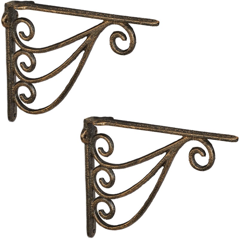foto del prodotto relaxdays set da 2 staffe per mensole, 23,5x4x18 cm, supporti design antico, reggimensola angolari per scaffali, bronzo