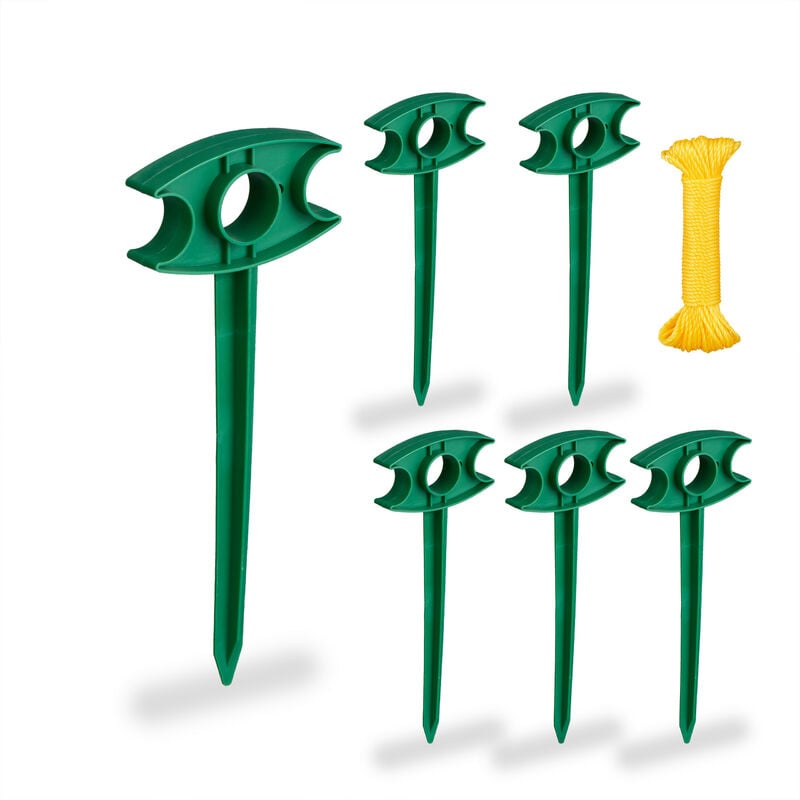 foto del prodotto relaxdays set da 25 picchetti per tende, corda 15 m , pioli in plastica pp, ancoraggio a terra, guida filo, verde giallo