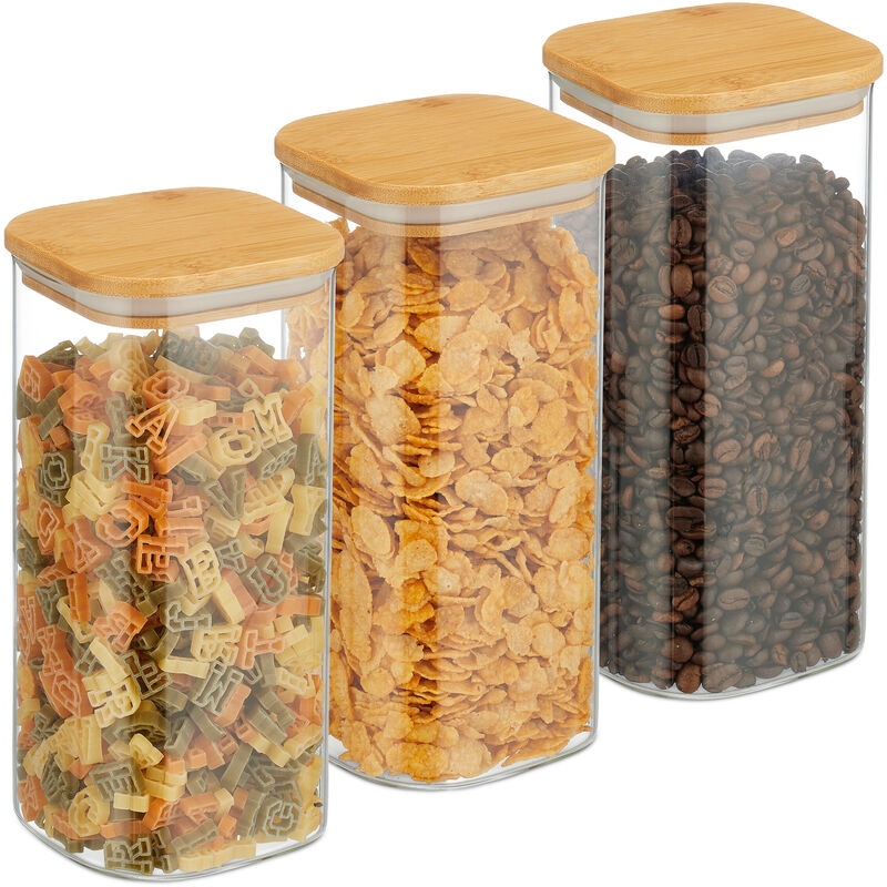 foto del prodotto relaxdays set da 3 barattoli per alimenti con coperchio in bamb , recipienti in vetro, 1500 ml, trasparente naturale