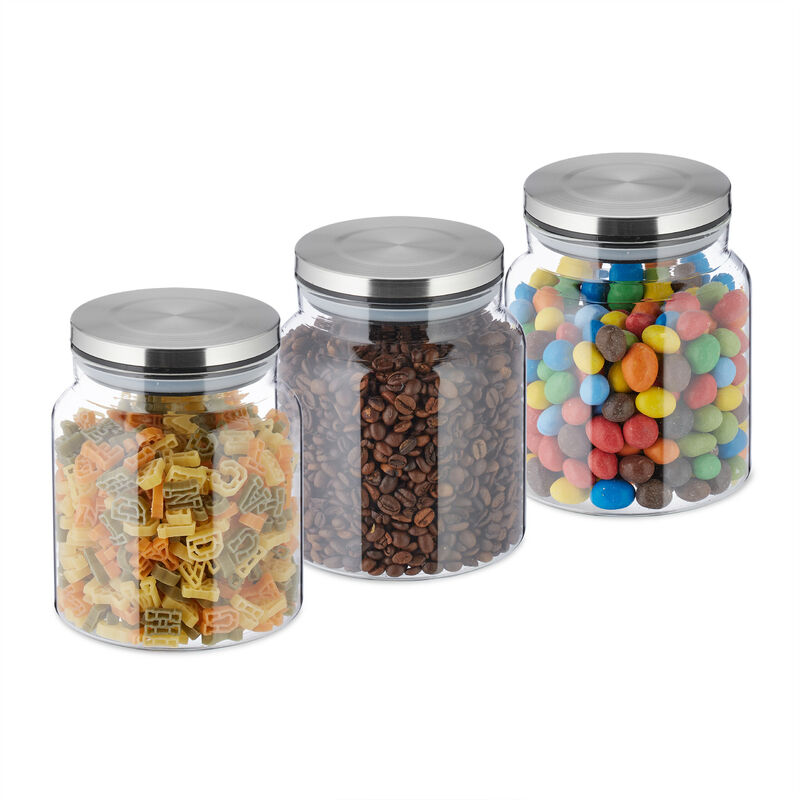 foto del prodotto relaxdays - set da 3 barattoli per alimenti, coperchio in acciaio inox, recipienti in vetro 1100 ml, trasparente argentato